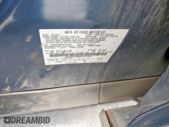 2019 Ford Taurus SEL with VIN 1FAHP2E88KG107760, listed as a Copart auction lot 50781945 with Not Provided miles and Salvage Title. Bid and sale history available at DreamBid. Image 12.