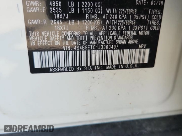 2018 Subaru Outback Touring with VIN 4S4BSETC1J3303497, listed as a Copart auction lot 61995105 with 40,472 mi miles and Salvage title. Bid and sale history available at DreamBid. Image 13.