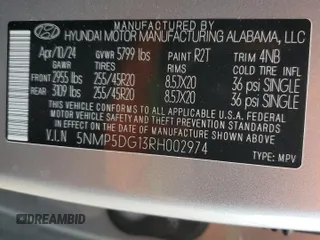 2024 Hyundai Santa Fe Calligraphy with VIN 5NMP5DG13RH002974, listed as a Copart auction lot 51109775 with 16,906 mi miles and Salvage title. Bid and sale history available at DreamBid. Image 13.