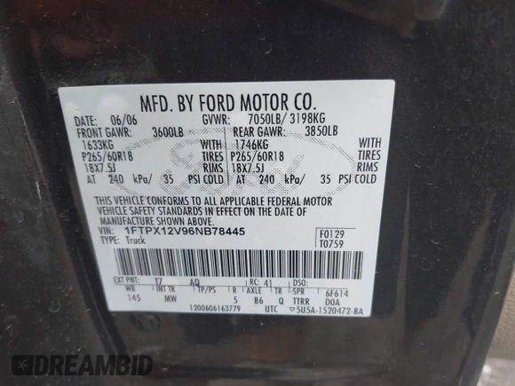 2006 Ford F-150 XL with VIN 1FTPX12V96NB78445, listed as a IAAI auction lot 42765189 with 148,097 mi miles and . Bid and sale history available at DreamBid. Image 9.