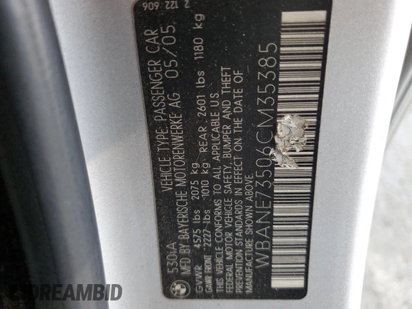 2006 BMW 5 Series 530i with VIN WBANE73506CM35385, listed as a Copart auction lot 50269495 with 178,750 mi miles and Clean Title. Bid and sale history available at carsss.com. Image 12.