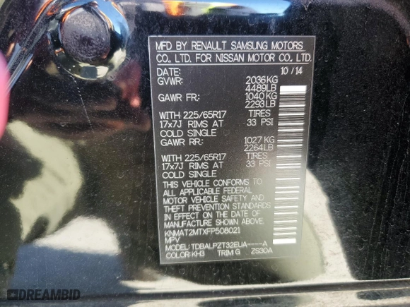 2015 Nissan Rogue SV with VIN KNMAT2MTXFP508021, listed as a Copart auction lot 43427285 with 0 mi miles and Salvage Title. Bid and sale history available at carsss.com. Image 13.