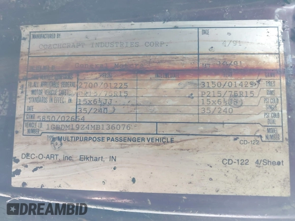 1991 Chevrolet Astro Cargo z VIN 1GBDM19Z4MB136076, wystawiony jako IAAI lot #41482281 z przebiegiem 202 682 mil mil oraz . Historia ofert i sprzedaży dostępna na DreamBid. Obrazek 9.