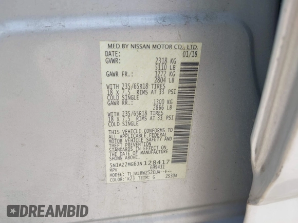 2018 Nissan Murano S z VIN 5N1AZ2MG6JN128417, wystawiony jako IAAI lot #42253823 z przebiegiem 128 946 mil mil oraz . Historia ofert i sprzedaży dostępna na DreamBid. Obrazek 9.