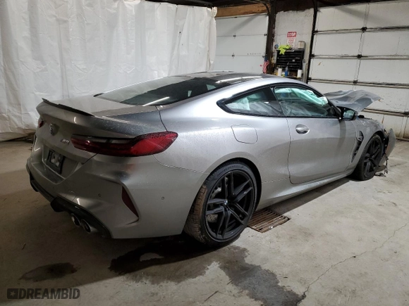 2020 BMW M8 with VIN WBSAE0C05LCD49641, listed as a Copart auction lot 43877355 with 0 mi miles and Salvage Title. Bid and sale history available at carsss.com. Image 3.