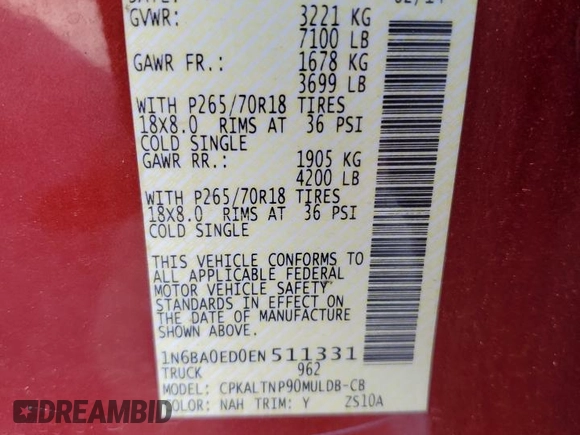 2014 Nissan Titan SV with VIN 1N6BA0ED0EN511331, listed as a Copart auction lot 48921865 with 119,373 mi miles and Salvage title. Bid and sale history available at DreamBid. Image 12.