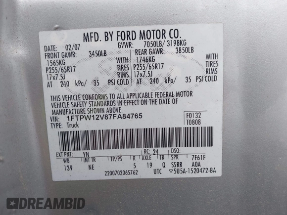 2007 Ford F-150 XLT with VIN 1FTPW12V87FA84765, listed as a IAAI auction lot 42666396 with 167,221 mi miles and . Bid and sale history available at DreamBid. Image 9.