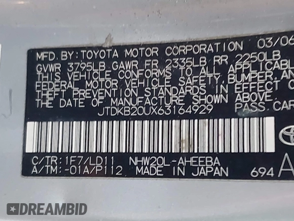 2006 Toyota Prius with VIN JTDKB20UX63164929, listed as a IAAI auction lot 41545790 with 192,797 mi miles. Bid and sale history available at carsss.com. Image 9.