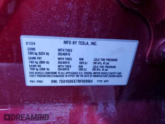 2024 Tesla Model Y Long Range with VIN 7SAYGDEE7RF009984, listed as a Copart auction lot 41662185 with Not Provided miles and Salvage Title. Bid and sale history available at DreamBid. Image 15.