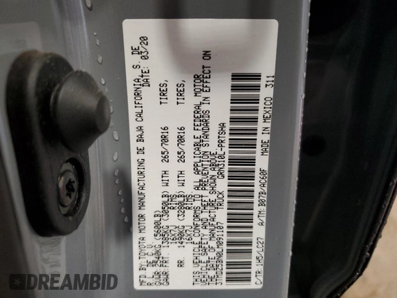 2020 Toyota Tacoma SR5 with VIN 3TMDZ5BN0LM091107, listed as a Copart auction lot 57582235 with 39,331 mi miles and Salvage title. Bid and sale history available at DreamBid. Image 12.