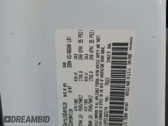 2007 Dodge 1500 SLT with VIN 1D7HA16P57J625174, listed as a Copart auction lot 88729685 with 260,745 mi miles and Salvage Title. Bid and sale history available at DreamBid. Image 12.