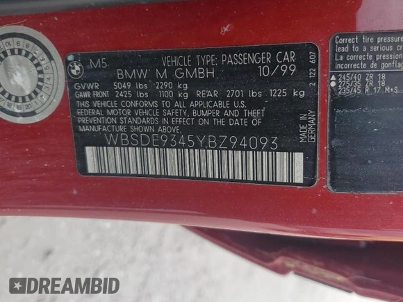 2000 BMW M5 z VIN WBSDE9345YBZ94093, wystawiony jako Copart lot #74606874 z przebiegiem Nie podano mil oraz Nie do naprawy • Non repairable. Historia ofert i sprzedaży dostępna na DreamBid. Obrazek 13.