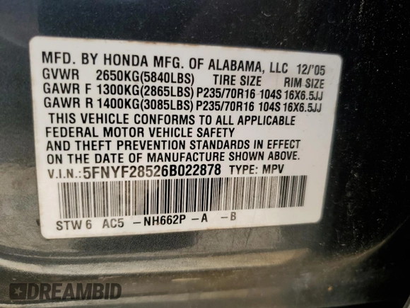 2006 Honda Pilot EX-L with VIN 5FNYF28526B022878, listed as a Copart auction lot 51138665 with 226,519 mi miles and Clean Title. Bid and sale history available at DreamBid. Image 13.