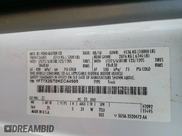 2019 Ford F-250 XL with VIN 1FT7X2BT0KEC44508, listed as a Copart auction lot 85003334 with 209,940 mi miles and Salvage title. Bid and sale history available at DreamBid. Image 12.