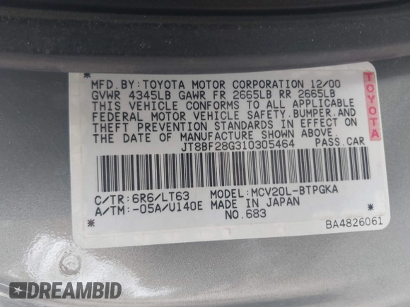 2001 Lexus ES 300 with VIN JT8BF28G310305464, listed as a IAAI auction lot 42767955 with 144,281 mi miles and . Bid and sale history available at DreamBid. Image 9.