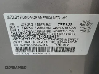 2019 Acura MDX with VIN 5J8YD4H30KL022547, listed as a Copart auction lot 57061635 with 76,502 mi miles and Salvage title. Bid and sale history available at DreamBid. Image 13.