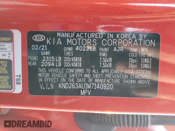 2021 Kia Soul GT-Line with VIN KNDJ63AU1M7140920, listed as a Copart auction lot 87373414 with 32,274 mi miles and Salvage Title. Bid and sale history available at DreamBid. Image 14.