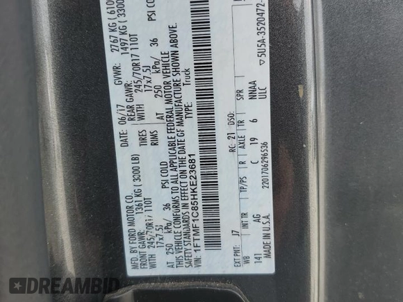 2017 Ford F-150 XL with VIN 1FTMF1C85HKE23681, listed as a Copart auction lot 64243075 with 105,163 mi miles and Clean title. Bid and sale history available at DreamBid. Image 12.