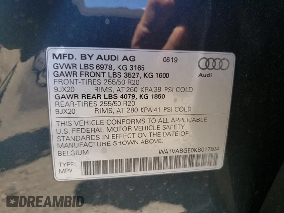 2019 Audi e-tron Prestige with VIN WA1VABGE0KB017804, listed as a Copart auction lot 57939033 with 28,153 mi miles. Bid and sale history available at carsss.com. Image 15.