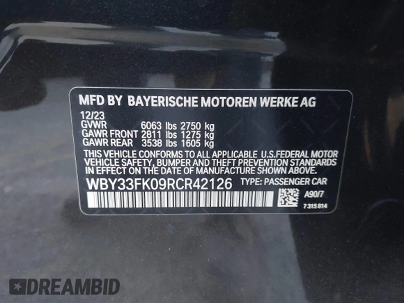 2024 BMW i5 eDrive40 with VIN WBY33FK09RCR42126, listed as a IAAI auction lot 41370577 with 9,601 mi miles and . Bid and sale history available at DreamBid. Image 9.