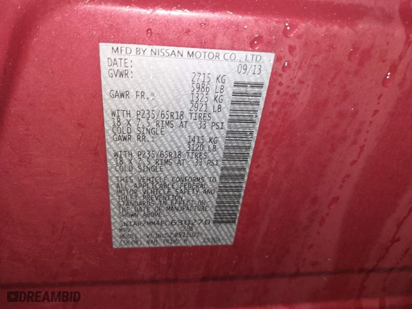 2014 Nissan Pathfinder S with VIN 5N1AR2MM4EC630270, listed as a IAAI auction lot 41718187 with 110,360 mi miles. Bid and sale history available at carsss.com. Image 9.