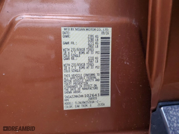 2017 Nissan Murano Platinum with VIN 5N1AZ2MH2HN102643, listed as a Copart auction lot 44619205 with 74,720 mi miles and Salvage Title. Bid and sale history available at carsss.com. Image 15.