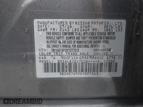 2019 Nissan Sentra S z VIN 3N1AB7AP2KY227513, wystawiony jako IAAI lot #41524539 z przebiegiem 39 616 mil mil oraz . Historia ofert i sprzedaży dostępna na DreamBid. Obrazek 9.