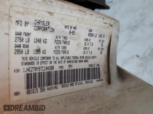 1996 Jeep Grand Cherokee with VIN 1J4EZ78Y9TC104398, listed as a Copart auction lot 69706254 with Not provided miles and Salvage title. Bid and sale history available at DreamBid. Image 12.