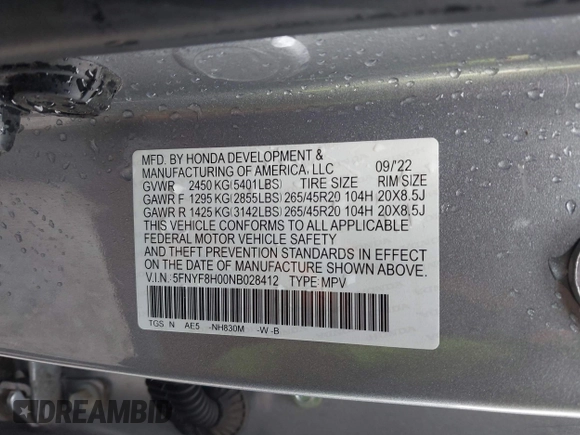 2022 Honda Passport Elite with VIN 5FNYF8H00NB028412, listed as a IAAI auction lot 41962853 with 128,230 mi miles. Bid and sale history available at carsss.com. Image 9.
