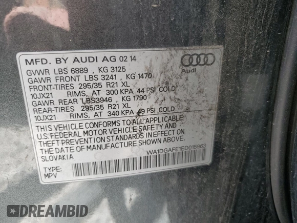 2014 Audi Q7 S line Prestige with VIN WA1DGAFE1ED015963, listed as a Copart auction lot 58558765 with 103,523 mi miles and Clean title. Bid and sale history available at DreamBid. Image 13.