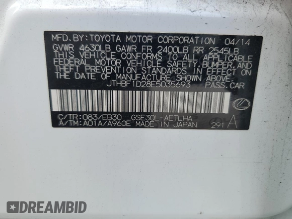 2014 Lexus IS 250 z VIN JTHBF1D28E5035693, wystawiony jako Copart lot #72705624 z przebiegiem 159 789 mil mil oraz Szkody całkowita. Historia ofert i sprzedaży dostępna na DreamBid. Obrazek 12.