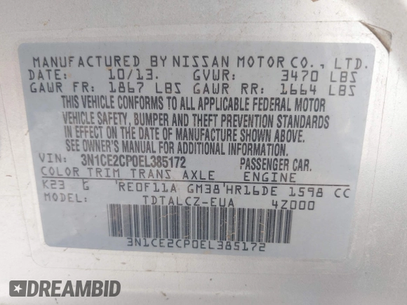 2014 Nissan Note S with VIN 3N1CE2CP0EL385172, listed as a IAAI auction lot 42315761 with 92,699 mi miles and . Bid and sale history available at DreamBid. Image 9.