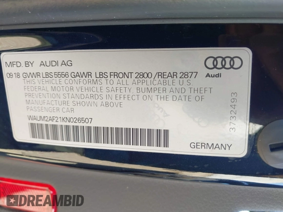 2019 Audi A6 Prestige with VIN WAUM2AF21KN026507, listed as a IAAI auction lot 41689438 with 78,725 mi miles. Bid and sale history available at carsss.com. Image 9.