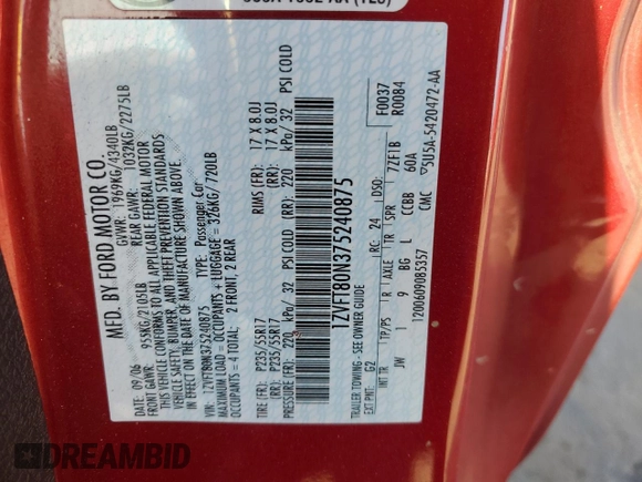 2007 Ford Mustang Deluxe with VIN 1ZVFT80N375240875, listed as a Copart auction lot 42513745 with 161,110 mi miles and Salvage Title. Bid and sale history available at carsss.com. Image 12.