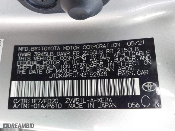 2021 Toyota Prius L Eco with VIN JTDKAMFU1M3152848, listed as a IAAI auction lot 41600212 with 140,114 mi miles. Bid and sale history available at carsss.com. Image 9.
