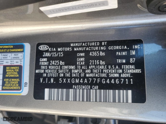 2015 Kia Optima LX with VIN 5XXGM4A77FG446711, listed as a Copart auction lot 49638865 with 166,895 mi miles and Clean Title. Bid and sale history available at carsss.com. Image 12.