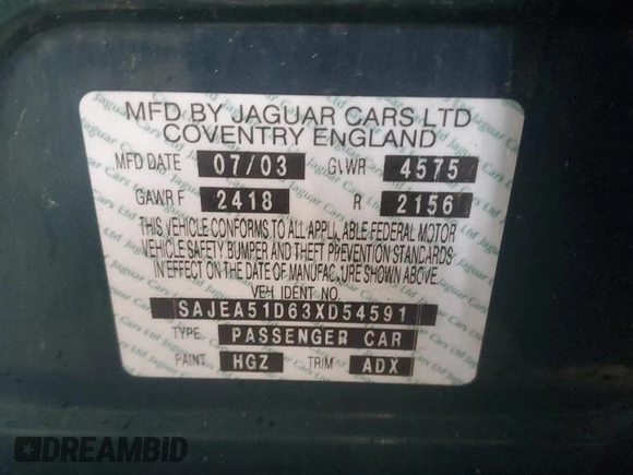 2003 Jaguar X-Type 2.5L Manual z VIN SAJEA51D63XD54591, wystawiony jako Copart lot #57638355 z przebiegiem 93 905 mil mil oraz Szkoda całkowita • Salvage title. Historia ofert i sprzedaży dostępna na DreamBid. Obrazek 12.