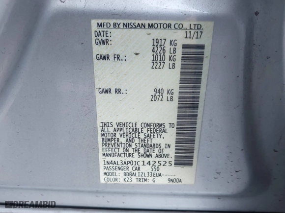 2018 Nissan Altima 2.5 SL with VIN 1N4AL3AP0JC142525, listed as a IAAI auction lot 41430252 with 86,522 mi miles. Bid and sale history available at carsss.com. Image 9.