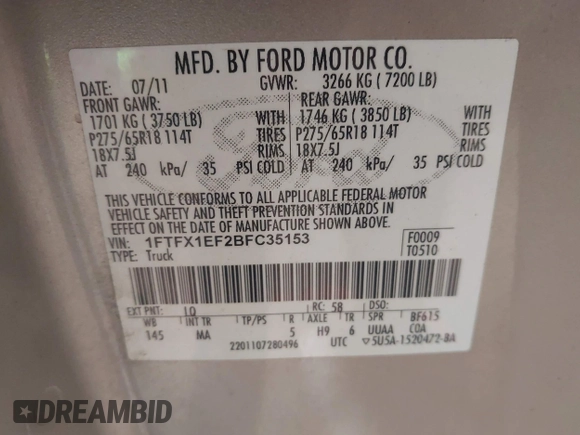2011 Ford F-150 XL with VIN 1FTFX1EF2BFC35153, listed as a IAAI auction lot 42103402 with 202,140 mi miles and . Bid and sale history available at DreamBid. Image 9.