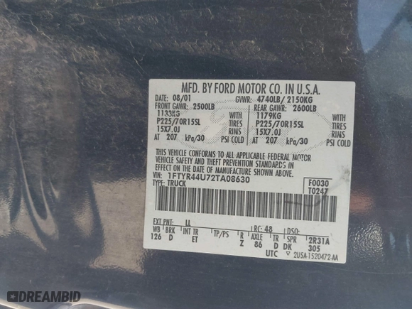 2002 Ford Ranger XL Fleet with VIN 1FTYR44U72TA08630, listed as a IAAI auction lot 41742942 with 87,570 mi miles. Bid and sale history available at carsss.com. Image 9.