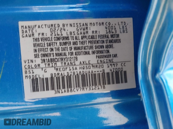 2024 Nissan Sentra SV with VIN 3N1AB8CV7RY312178, listed as a IAAI auction lot 42381469 with 16,343 mi miles and . Bid and sale history available at DreamBid. Image 9.