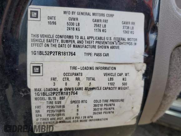 1996 Chevrolet Caprice 1SA Special Value with VIN 1G1BL52P2TR181764, listed as a Copart auction lot 63989945 with Not provided miles and Clean title. Bid and sale history available at DreamBid. Image 12.
