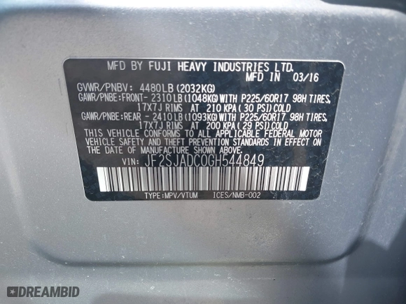 2016 Subaru Forester 2.5i Premium with VIN JF2SJADC0GH544849, listed as a IAAI auction lot 42003031 with 39,703 mi miles. Bid and sale history available at carsss.com. Image 9.