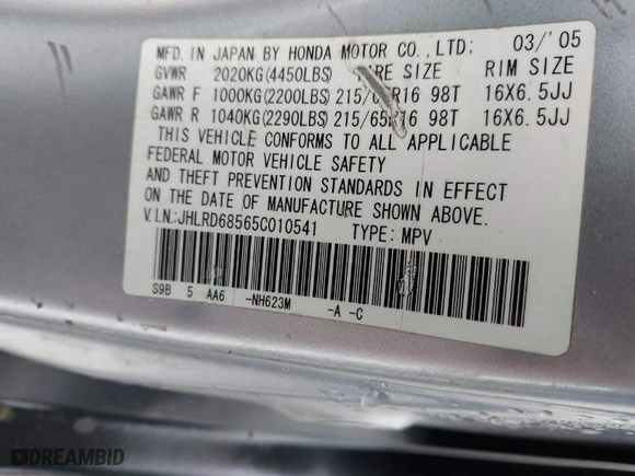 2005 Honda CR-V LX with VIN JHLRD68565C010541, listed as a IAAI auction lot 41660510 with 179,174 mi miles. Bid and sale history available at carsss.com. Image 9.