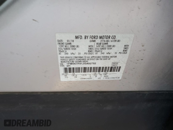 2018 Ford Explorer Limited with VIN 1FM5K7F81JGA82752, listed as a Copart auction lot 50559395 with 76,612 mi miles and Salvage Title. Bid and sale history available at carsss.com. Image 14.