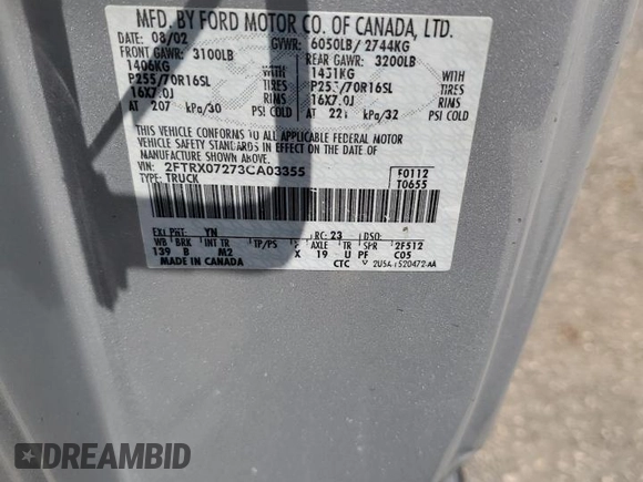2003 Ford F-150 XL with VIN 2FTRX07273CA03355, listed as a Copart auction lot 58296505 with Not provided miles and Salvage title. Bid and sale history available at DreamBid. Image 12.