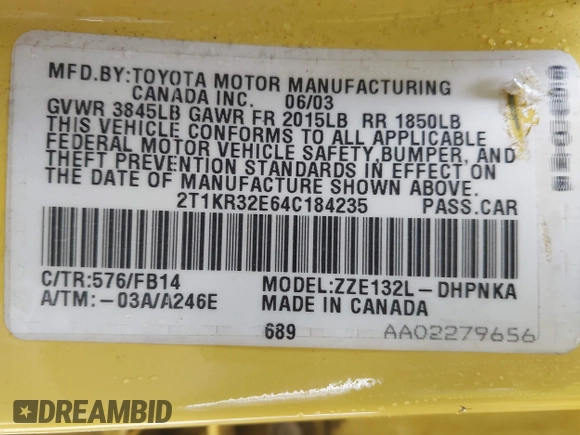 2004 Toyota Matrix Std z VIN 2T1KR32E64C184235, wystawiony jako IAAI lot #42365288 z przebiegiem 195 598 mil mil oraz . Historia ofert i sprzedaży dostępna na DreamBid. Obrazek 9.