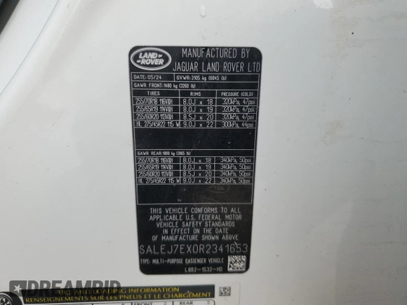 2024 Land Rover Defender S with VIN SALEJ7EX0R2341653, listed as a Copart auction lot 43369635 with Not provided miles and Salvage title. Bid and sale history available at DreamBid. Image 13.