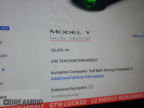 2022 Tesla Model Y Performance with VIN 7SAYGDEFXNF455517, listed as a Copart auction lot 44147905 with 32,210 mi miles and Salvage title. Bid and sale history available at DreamBid. Image 9.