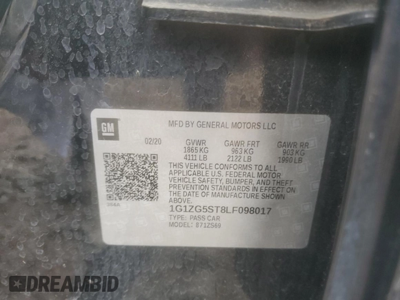 2020 Chevrolet Malibu RS with VIN 1G1ZG5ST8LF098017, listed as a Copart auction lot 52948205 with 139,501 mi miles and Salvage Title. Bid and sale history available at DreamBid. Image 12.